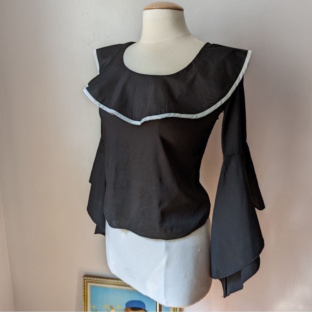 Black Boat Neck Ruffle Top with Bell Sleeves Size S